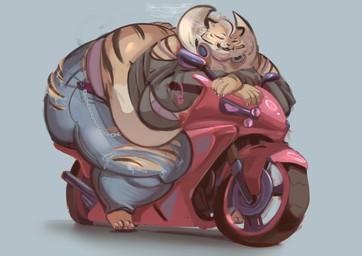anthro belly big_belly big_butt biker bottomwear butt cellphone cigarette clothing denim denim_bottomwear denim_clothing electronics eyewear female hyper jacket jeans motorcycle obese obese_anthro obese_female overweight overweight_anthro overweight_female pants phone smartphone smoking solo sunglasses thick_thighs topwear torn_bottomwear torn_clothing torn_jeans torn_pants vehicle wide_hips ruby_panda_(artist) lemargia felid mammal pantherine tiger absurd_res hi_res