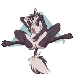 animal_genitalia animal_penis anthro anus ball balls biped bite biting_lip biting_own_lip black_body black_fur braided_hair butt canine_genitalia canine_penis claws digitigrade erection eyewear finger_claws fur genitals glasses hair hand_on_balls holding_ball holding_object lying male mane mane_hair nipples on_back pawpads penis presenting presenting_hindquarters round_glasses self_bite simple_background solo spread_legs spreading toe_claws white_background white_balls white_body white_fur baehotline mason_(baehotline) canid canine canis mammal wolf 2022 digital_media_(artwork) hi_res