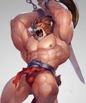 abs belt biceps big_muscles black_nose bottomwear brown_body brown_fur bulge chain clothed clothing fangs fur loincloth male melee_weapon muscular muscular_humanoid muscular_male nipples obliques pecs red_eyes shield solo standing sword teeth tongue topless triceps weapon white_body white_fur afd-yred koutanagamori red_earth leo_(red_earth) animal_humanoid felid humanoid lion mammal pantherine 5:6 hi_res