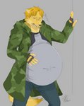 anthro bottomwear camo_pattern clothing fingerless_gloves gloves handwear jacket male pants pregnant pregnant_anthro pregnant_male shirt solo standing topwear allietheweirdkid canid canine canis mammal wolf