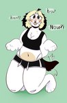 anthro black_clothing blonde_hair bottomwear clothing fangs female fur hair shorts solo teeth text white_body white_fur fawnpawss azura_(meggiebun) canid canine canis domestic_dog mammal hi_res