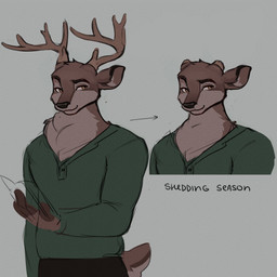 anthro antlers biped bottomwear clothed clothed_anthro clothed_male clothing countershade_torso countershading fingers front_view fully_clothed fully_clothed_anthro fully_clothed_male fur hair horn male simple_background smile solo standing tail topwear lentilghost deer mammal 1:1 2026 absurd_res digital_drawing_(artwork) digital_media_(artwork) hi_res