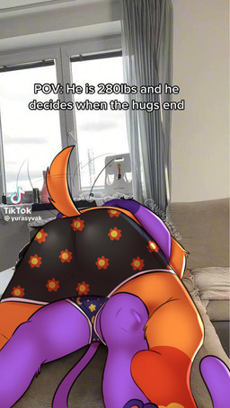 anthro black_clothing black_underwear butt clothing duo fur hug hugging_another lying male male/male on_back on_top orange_body orange_fur pattern_clothing pattern_underwear purple_body purple_fur tail tail_motion tailwag text underwear an0malyz3r0 mob_entertainment poppy_playtime smiling_critters tiktok catnap_(poppy_playtime) dogday_(poppy_playtime) canid canine canis domestic_cat domestic_dog felid feline felis mammal absurd_res draw_over english_text hi_res
