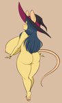 anthro areola big_breasts big_butt black_hair breasts butt clothing eyebrows eyelashes feet female fur hair hat hat_only headgear headgear_only headwear headwear_only huge_breasts hyper hyper_breasts mostly_nude nipples pawpads rear_view side_boob smile solo thick_thighs wide_hips witch_hat wristband yellow_body yellow_eyes yellow_fur scorpdk vail_(matypup) mammal mouse murid murine rodent 2024 absurd_res hi_res