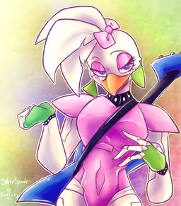 accessory anthro beak breasts clothed clothing ear_piercing ear_ring electric_guitar eyelashes feathers female guitar hair_accessory hair_ribbon leotard looking_at_viewer machine musical_instrument non-mammal_breasts piercing pink_clothing pink_leotard plucked_string_instrument ribbons ring_piercing smile solo string_instrument white_body silverspade five_nights_at_freddy's five_nights_at_freddy's:_security_breach scottgames steel_wool_studios glamrock_chica avian bird chicken galliform phasianid robot 2021 signature