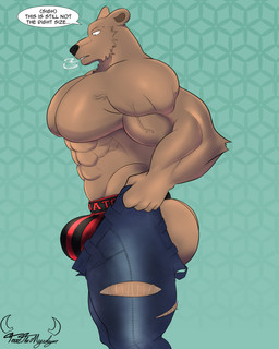 abs annoyed anthro barazoku biceps big_bulge big_butt big_muscles big_pecs bottomwear breath brown_body brown_fur bubble_butt bulge butt clothed clothing deltoids denim denim_bottomwear denim_clothing dialogue fingers forearm_muscles fur humanoid_hands jeans jockstrap logo male muscular muscular_anthro muscular_arms muscular_male pants pattern_background pecs pulling_up_pants side_view simple_background solo speech_bubble standing talking_to_self text topless topless_anthro topless_male torn_bottomwear torn_clothing torn_pants underwear vein veiny_muscles terrethemageslayer beastars tight_pants_(meme) riz_(beastars) bear mammal 4:5 absurd_res artist_logo artist_name colored english_text hi_res meme portrait shaded three-quarter_portrait