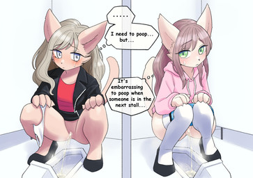 anthro bathroom blonde_hair blue_eyes bodily_fluids brown_hair clothed clothing crouching duo embarrassed eyelashes female footwear genital_fluids green_eyes hair hoodie imminent_feces jacket leather leather_clothing leather_jacket leather_topwear long_hair pale_fur pantsless peeing pink_clothing pink_hoodie pink_topwear poop_desperation public_restroom red_clothing red_shirt red_topwear shirt shoes socks squat_toilet topwear urine urine_stream unoroute domestic_cat felid feline felis mammal