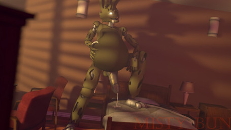 anthro balls bed bedroom belly big_belly big_penis bodily_fluids cum cum_drip dripping erection furniture genital_fluids genitals glowing glowing_eyes hand_on_belly machine male male_pred penis solo tongue tongue_out vore yellow_body misty_bun five_nights_at_freddy's five_nights_at_freddy's_3 scottgames springtrap_(fnaf) lagomorph leporid mammal rabbit robot 16:9 3d_(artwork) 4k absurd_res digital_media_(artwork) hi_res widescreen