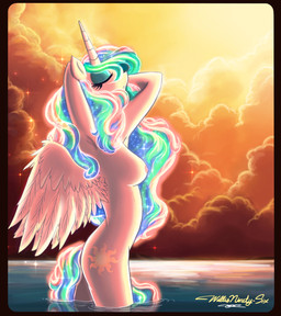 anthro anthrofied biped breasts cloud cutie_mark eyes_closed feathered_wings feathers female glowing hair horn multicolored_hair nipples nude outside solo sparkles standing sunset water wet white_body white_feathers wings willisrisque friendship_is_magic hasbro my_little_pony mythology princess_celestia_(mlp) equid equine mammal mythological_creature mythological_equine winged_unicorn 2013 hi_res