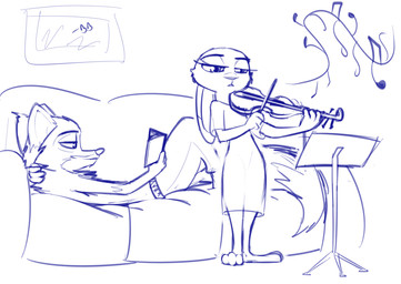 anthro book bowed_string_instrument clothed clothing dress duo female fur furniture long_ears lying male music_stand musical_instrument musical_note musical_symbol on_back reading simple_background smile sofa string_instrument symbol topless violin white_background bb disney zootopia judy_hopps nick_wilde canid canine fox lagomorph leporid mammal rabbit red_fox true_fox 2016 blue_and_white monochrome