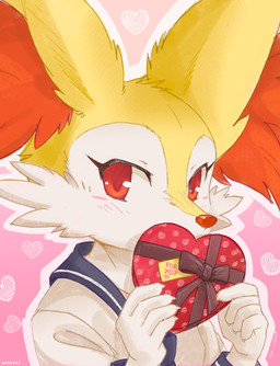 5_fingers ambiguous_anthro ambiguous_gender anthro biped blush blush_lines bow_ribbon cheek_tuft claws clothed clothed_ambiguous clothed_anthro clothing eyelashes facial_tuft fingers fur heart_box heart_symbol holding_object holidays looking_at_viewer multicolored_body multicolored_fur orange_body orange_eyes orange_fur orange_nose outline pink_background pointy_ears pokemorph prick_ears school_uniform simple_background snout solo standing text tuft uniform white_body white_fur yellow_body yellow_fur ancesra nintendo pokemon valentine's_day braixen canid generation_6_pokemon mammal pokemon_(species) 2018 bust_portrait digital_media_(artwork) english_text portrait shaded signature