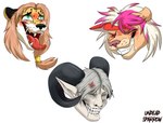 2_horns ahegao anthro bared_teeth black_gem black_horn black_nose black_spots black_spotted_body black_spotted_fur blush bodily_fluids brown_body brown_fur clenched_teeth countershade_face countershade_fur countershading cross-popping_vein curled_horn drooling eyes_closed female fur gem green_eyes grey_hair group hair horn humanoid_pointy_ears laugh long_hair looking_pleasured male markings multicolored_hair open_mouth pale_skin pink_hair pink_nose red_blush red_tongue round_ears saliva sharp_teeth short_hair simple_background smile snout spots spotted_body spotted_fur teeth teeth_showing tickling tongue tongue_out trio two_tone_hair white_background white_body white_fur white_hair yellow_body yellow_fur undeadsparrow cheetah cougar elf felid feline humanoid mammal 2023 headshot_portrait hi_res portrait