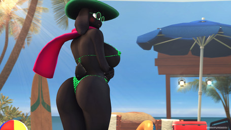 anthro ball beach beach_ball big_breasts big_butt bikini black_body black_breasts black_fur blush breasts butt clothing crossgender curvy_figure detailed_background eyewear female fingers fur glasses green_clothing green_swimwear grey_sclera hat headgear headwear hourglass_figure inflatable looking_back micro_bikini mtf_crossgender nipple_outline outside scarf sea seaside side-tie_bikini solo standing string_bikini swimwear text thick_thighs two-piece_swimsuit water white_eyes wide_hips darkflash23 deltarune undertale_(series) ralsei bovid caprine darkner goat mammal 16:9 2021 3d_(artwork) artist_name digital_media_(artwork) hi_res source_filmmaker_(artwork) widescreen