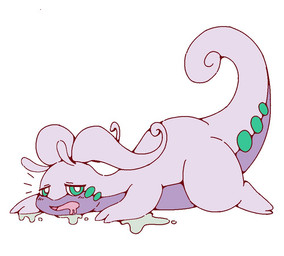 2_fingers 2_toes ambiguous_gender bodily_fluids drooling eyelashes feet feral fingers green_body green_eyes lying narrowed_eyes on_front open_mouth pink_body purple_body saliva simple_background solo tail tail_swirl toes tongue white_background noye nintendo pokemon generation_6_pokemon goodra pokemon_(species) 2026 digital_drawing_(artwork) digital_media_(artwork)