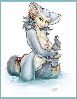 anthro bath blue_body blue_fur border breasts chest_tuft female fur green_eyes hands_on_own_tail hands_on_tail holding_tail legs_in_water nipples nude partially_submerged seductive simple_background solo submerged_legs submerged_tail tail tail_between_legs tail_in_water tail_out_of_water tan_body tan_fur tuft water vera_(artist) felid mammal 2005