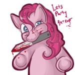 blood blue_eyes bodily_fluids female feral fur hair insane knife party_time pink_body pink_fur pink_hair simple_background solo white_background unknown_artist cupcakes_(mlp_fanfic) friendship_is_magic hasbro my_little_pony pinkie_pie_(mlp) earth_pony equid equine horse mammal pony 1:1 low_res meme