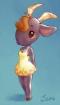 anthro biped blue_background blush breasts brown_eyes brown_hair cleavage clothed clothing dress eyebrows eyelashes female footwear freckles fur grey_body grey_fur hair hands_behind_back horn red_hair shoes simple_background slim smile solo sankam animal_crossing nintendo nan_(animal_crossing) bovid caprine goat mammal 2016 signature