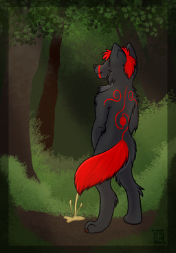 anthro bodily_fluids forest forest_background genital_fluids male peeing peeing_on_ground plant rear_view simple_background solo standing tail tree urine urine_on_ground urine_stream watersports shilohsheartinart fury_(furythewolf) canid canine mammal digital_media_(artwork) hi_res