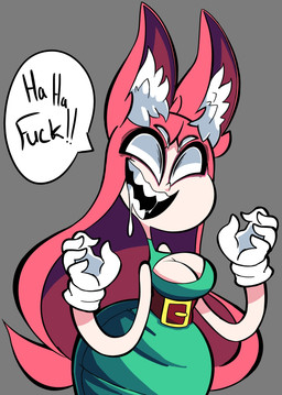 4_eyes 5_fingers belt belt_buckle bodily_fluids breasts buckle cleavage cleavage_cutout clothed clothing cutout dress drooling exclamation_point female fingers gloves green_clothing green_dress grey_background hair handwear inner_ear_fluff laugh light_body light_face light_skin long_ears long_hair multi_eye open_mouth open_smile pink_ears pink_hair profanity pupils saliva saliva_string simple_background slit_pupils smile solo speech_bubble text tuft white_clothing white_gloves white_handwear white_inner_ear_fluff qwerty_soda jane_(qwerty_soda) angel angel_humanoid animal_humanoid canid canid_humanoid canine canine_humanoid fox_humanoid fox_spirit humanoid mammal mammal_humanoid 2019 absurd_res digital_drawing_(artwork) digital_media_(artwork) handwritten_text hi_res