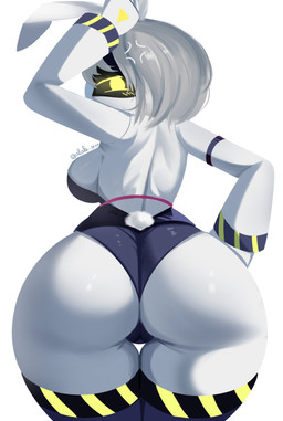 angry anthro big_breasts big_butt breasts bunny_costume butt clothing costume cross-popping_vein female looking_back machine pose solo solo_focus solo_in_panel thick_thighs alaki_zezo glitch_productions murder_drones v_(murder_drones) robot robot_anthro absurd_res hi_res pinup