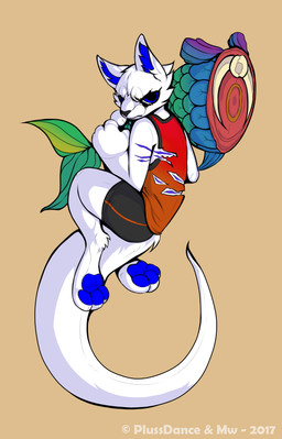 angry anthro baseball_bat bat_(object) bending blue_eyes clothing fur grumpy hug jumping looking_at_viewer male multicolored_body multicolored_fur pawpads raptor_tail solo white_body white_fur mw plussdance alien felid litra mammal 2017 absurd_res hi_res
