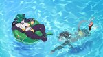anthro beverage bikini bikini_bottom bikini_top breasts clothing diving duo feathered_wings feathers feet female gold_bikini green_hair hair high-angle_view holding_beverage holding_object looking_at_viewer male nipple_outline smile soles swimwear tail two-piece_swimsuit water wings bestfriendforever american_opossum felid mammal marsupial 2025 absurd_res digital_media_(artwork) hi_res