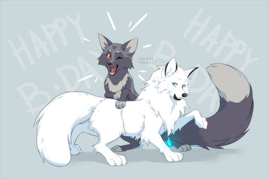 ambiguous_gender black_markings blue_eyes dipstick_tail duo eye_contact fangs female feral fluffy fur grey_body grey_fur grey_markings happy jewelry looking_at_another markings necklace necklace_only nude nude_female open_mouth open_smile orange_eyes simple_background smile snout standing tail tail_markings teeth text white_body white_fur azzai arctic_fox canid canine fox mammal red_fox silver_fox true_fox 2020 3:2 cel_shading colored digital_drawing_(artwork) digital_media_(artwork) english_text shaded