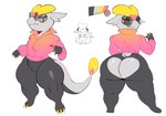 anthro big_butt biped butt eyewear eyewear_on_head glasses glasses_on_head looking_at_viewer male red_eyes slim_anthro slim_male solo standing thick_thighs hanaarts nintendo pokemon generation_7_pokemon jangmo-o lizard pokemon_(species) reptile scalie 2024 hi_res