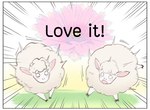 aman_(weibo) ambiguous_gender blush bovid caprine colored comic dialogue duo english_text feral flower fluffy jumping mammal plant reaction_image sheep surprise text wide_eyed