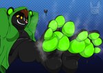 anthro black_body blue_background bodily_fluids brown_hair checkered checkered_background cloak clothing dripping feet foot_fetish foot_focus green_clothing green_inner_ear green_pawpads hair hands_behind_head heart_symbol humanoid_feet latex logo male musk musky_feet pattern_background pawpads plantigrade simple_background smelly smelly_feet smile smug solo sweat sweaty_feet yellow_eyes bnuuyman emerald_(skunkmage9) goo_creature living_latex mammal mephitid skunk absurd_res artist_logo hi_res watermark
