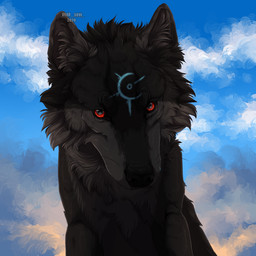 ambiguous_gender black_body black_fur black_nose blue_markings cheek_tuft facial_tuft feral front_view fur glistening glistening_eyes grey_body grey_fur looking_at_viewer markings neck_tuft outside red_eyes solo text tuft whiskers msdeadsoul canid mammal 1:1 2020 artist_name dated