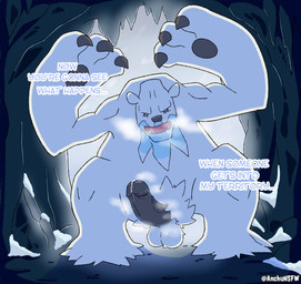 angry annoying anthro balls big_penis bodily_fluids cave genital_fluids genitals imminent_sex intimidation looking_at_viewer male penis precum snow solo territorial text anchunsfw nintendo pokemon beartic generation_5_pokemon pokemon_(species) english_text hi_res