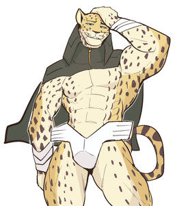 abs anthro arm_wraps biceps big_muscles bottomwear cape clothed clothing countershading eyebrows hand_on_head looking_at_viewer male muscular muscular_anthro muscular_male narrowed_eyes pecs simple_background smile solo standing topless topless_anthro topless_male whiskers white_background wraps jrjresq atlus megami_tensei sega ose_(megami_tensei) felid leopard mammal pantherine 2022 hi_res