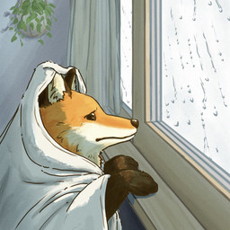 ambiguous_gender curtains feet feral fur inner_ear_fluff inside orange_body orange_fur plant raining solo tuft water wet white_body white_fur window natsukayui7272 canid canine fox mammal red_fox true_fox 1:1 2024