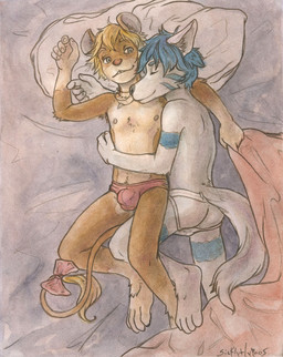 5_fingers accessory anthro arm_around_shoulders arm_hair armpit_hair bed bedding biped blanket blonde_hair blue_hair body_hair bow_(feature) bow_accessory bow_ribbon briefs brown_body brown_fur bulge butt chest_tuft clothed clothing detailed_bulge duo eyes_closed fingers foot_tuft fur furgonomics furniture genital_outline gloves_(marking) grey_body grey_fur hair hug interspecies jewelry jockstrap leg_markings lying male male/male male_anthro markings necklace nipples on_back on_bed on_side penis_outline pillow plantigrade predator/prey pubes ribbons smile socks_(marking) tail tail_accessory tail_between_legs tail_bow tail_ribbon tail_tuft thong topless tuft underwear sicklyhypnos canid canine canis mammal mouse murid murine rodent wolf painting_(artwork) traditional_media_(artwork) traditional_painting_(artwork) traditional_watercolor_(artwork) watercolor_(artwork)