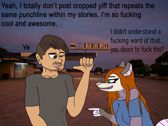 afternoon anthro blue_clothing blue_shirt blue_topwear blush blush_lines brown_eyes brown_hair clothing dialogue duo facial_hair female fingers gas_station gesture green_eyes grey_clothing grey_shirt grey_topwear hair hand_gesture humor male male/female multicolored_body photo_background pink_fingers pointing pointing_at_self purple_body red_hair requesting sex_request shirt tail tan_body tan_skin text topwear vocula real_world cip sinead_(vocula) american_opossum human humanoid mammal marsupial 4:3 absurd_res english_text hi_res mixed_media photography_(artwork)