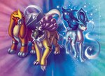 ambiguous_gender angry feral group looking_at_another looking_at_viewer smug smug_face sparkles sparkling_body trio oracle_sphinx nintendo pokemon entei generation_2_pokemon legendary_pokemon pokemon_(species) raikou shiny_pokemon suicune 2019 digital_media_(artwork) digital_painting_(artwork)