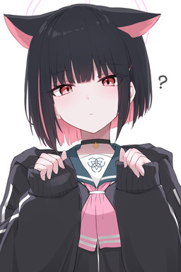 accessory animal_ears arms_bent black_choker black_clothing black_coat black_hair black_jewelry black_necklace black_topwear blush choker clothing coat confusion female hair hair_accessory halo human_and_animal_ears jewelry looking_at_viewer multi_ear multicolored_hair necklace necktie pink_eyes short_hair simple_background solo topwear two_tone_hair white_background exiadoon blue_archive nexon kazusa_kyoyama animal_humanoid cat_humanoid felid felid_humanoid feline feline_humanoid humanoid mammal mammal_humanoid 2:3 absurd_res hi_res