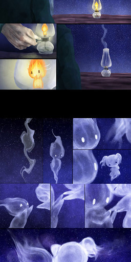 ambiguous_gender black_bars detailed_background duo female fire lamp lantern micro night not_furry outside smoke star steam ingrid_tan elemental_creature elemental_humanoid fire_creature human humanoid mammal comic hi_res letterbox multiple_images male_(lore)