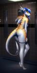 anthro blue_hair breasts butt clothed clothing female fin hair looking_at_viewer looking_back markings non-mammal_breasts panties partially_clothed plantigrade pose raised_heel short_hair shower side_boob solo topless underwear underwear_down undressing yellow_eyes finir tabitha_(finir) fish marine requiem_shark shark tiger_shark hi_res