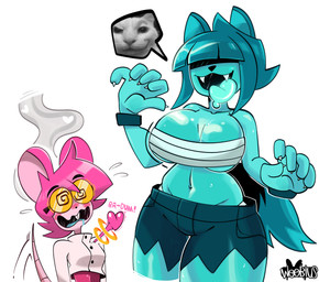 anthro bandeau big_breasts blue_body blue_hair blush blush_lines bodily_fluids bottomwear breasts buckteeth chest_wraps claws clothed clothed_anthro clothed_female clothing coat cropped_topwear drooling duo erect_tail eyewear fangs female female/female female_anthro glasses hair heart_symbol heartbeat hidden_eyes lab_coat logo open_mouth pink_body pink_hair round_glasses saliva shadowed_eyes shorts simple_background spiral_glasses tail teeth tongue tongue_out topwear wearing_glasses white_background wraps wristband woobiusart goommy_(goommymuffin) muffin_(goommymuffin) domestic_cat felid feline felis ghost mammal mouse murid murine rodent spirit 2025 absurd_res artist_logo digital_drawing_(artwork) digital_media_(artwork) hi_res signature