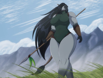 anthro big_breasts biped breasts clothing female grass melee_weapon mountain plant polearm sky solo spear walking weapon robthehoopedchipmunk oliana_(rthc) equid equine horse mammal hi_res