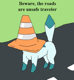 ambiguous_gender blue_body blue_fur clothing dialogue feral fur hat headgear headwear obscured_face outside road simple_background solo tail text traffic_cone unusual_clothing unusual_headwear wearing_hat richard_roe nintendo pokemon vlc eeveelution generation_4_pokemon glaceon mammal pokemon_(species) 2024 digital_media_(artwork) english_text low_res pixel_(artwork)
