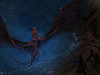 attack blue_eyes clothed clothing detailed_background digitigrade feral group holding_object holding_weapon horn melee_weapon membrane_(anatomy) membranous_wings night nude outside polearm quadruped red_body red_skin sky spear spread_wings star starry_sky tail text weapon wings isvoc mythology dragon human mammal mythological_creature mythological_scalie scalie 4:3 digital_media_(artwork) url