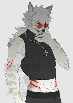 abs anthro biceps black_bottomwear black_clothing black_nose black_pants black_sclera black_shirt black_topwear bottomwear claws clothing cross cross_necklace eyewear fur glasses grey_body grey_fur grey_hair hair jewelry male muscular muscular_anthro muscular_male necklace pants pecs red_eyes sharp_teeth shirt simple_background teeth topwear asure canid canine mammal hi_res watermark