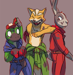 anthro biped clothed clothed_anthro clothed_male clothing eyes_closed fully_clothed fully_clothed_anthro fully_clothed_male fur green_body group hat headgear headwear laugh long_ears male male_anthro mechanic messy open_mouth open_smile simple_background smile topless topless_anthro topless_male trio flookz nintendo star_fox fox_mccloud peppy_hare slippy_toad canid canine fox lagomorph leporid mammal rabbit 2017 digital_media_(artwork)