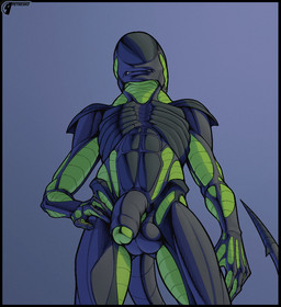 4_fingers anthro balls clenched_teeth dark_body dark_scales exoskeleton faceless fingers flaccid foreskin genitals green_body green_skin grey_body grey_scales humanoid_genitalia humanoid_penis long_tail male nude partially_retracted_foreskin penis pose scales solo tail teeth petresko alien_(franchise) alien xenomorph pinup