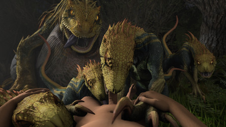 ambiguous_gender ball_lick balls belly bestiality big_belly claws erection fellatio feral feral_penetrated first_person_view forest genital_danger_play genitals group hand_holding human_on_feral human_penetrating interspecies licking looking_at_viewer male male_on_feral male_pov night nude open_mouth oral penetration penile penis pinned plant sex submissive submissive_feral tongue tongue_out tree ivorylagiacrus capcom monster_hunter fanged_wyvern great_jagras human jagras mammal scalie 16:9 2020 3d_(artwork) 4k absurd_res digital_media_(artwork) hi_res source_filmmaker_(artwork) widescreen