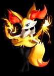 anthro arm_tuft black_background black_body black_fur blue_eyes cheek_tuft chest_tuft ear_tuft facial_tuft female fire fur orange_body orange_fur orange_nose pupils shoulder_tuft simple_background slit_pupils smile solo standing tuft white_body white_fur yellow_body yellow_fur eryz nintendo pokemon braixen canid canine generation_6_pokemon mammal pokemon_(species) hi_res