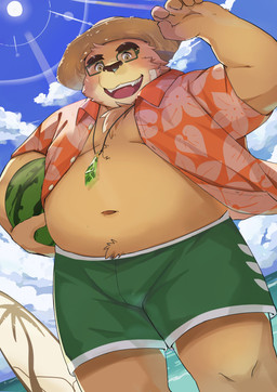 anthro belly bottomwear brown_body brown_fur clothing cloud fur hat headgear headwear kemono male moobs navel overweight overweight_male shorts solo straw_hat sun surfboard swimwear 44odosi bear mammal 2025 absurd_res hi_res